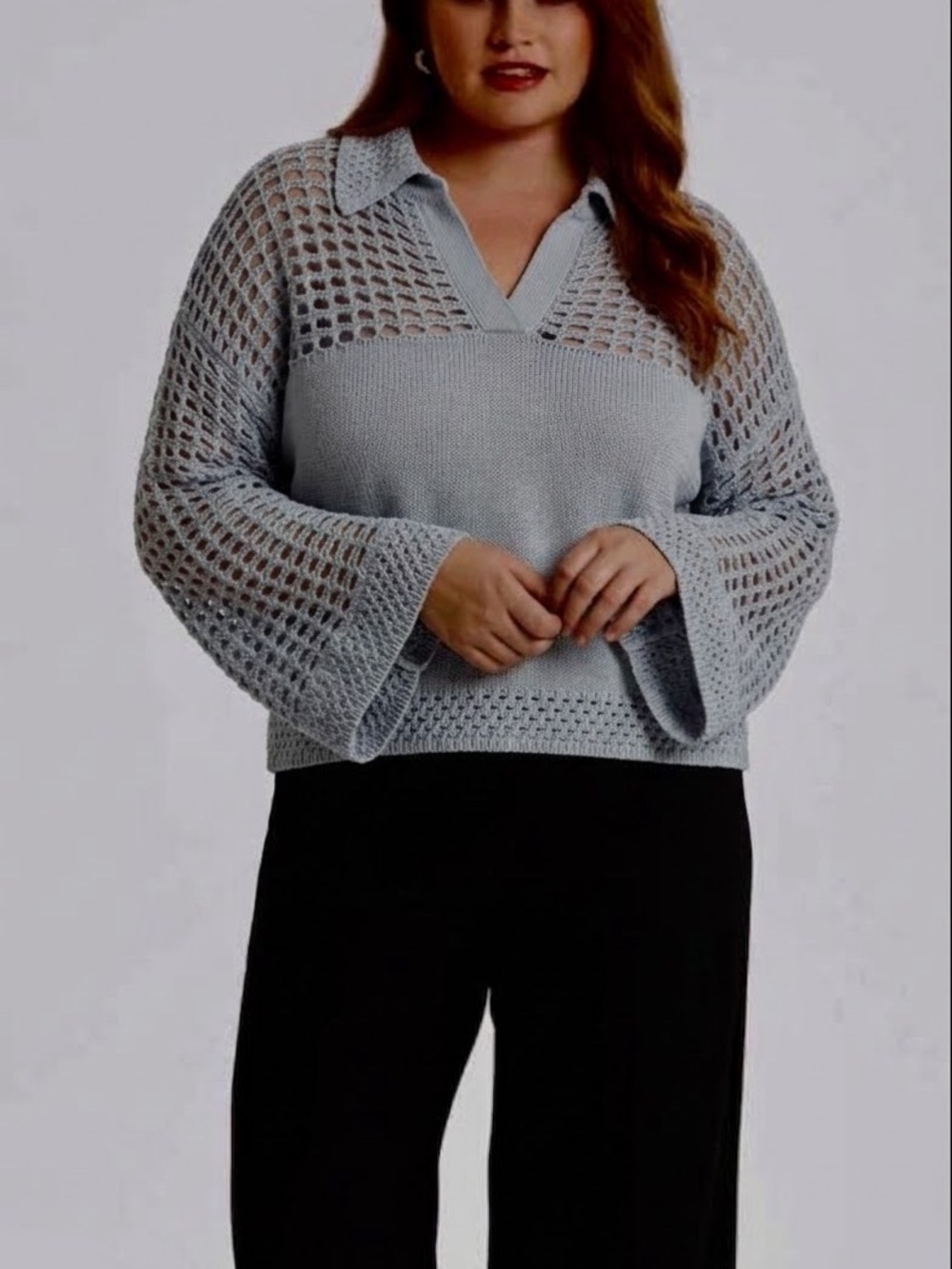Rachel Zoe Light Blue Open Knit V-Neck Crochet Cropped Polo Sweater L